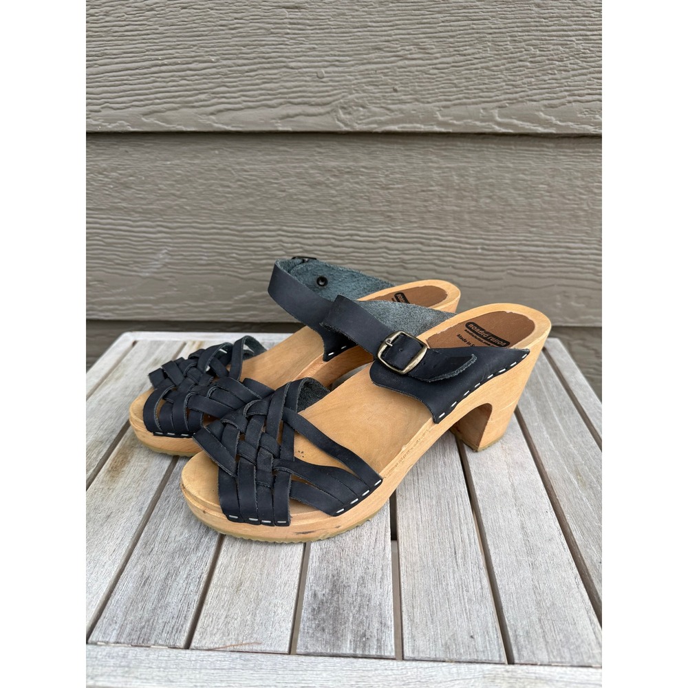 Made in Sweden Black Leather Clogs Wood Block Heel Sandals Size 39